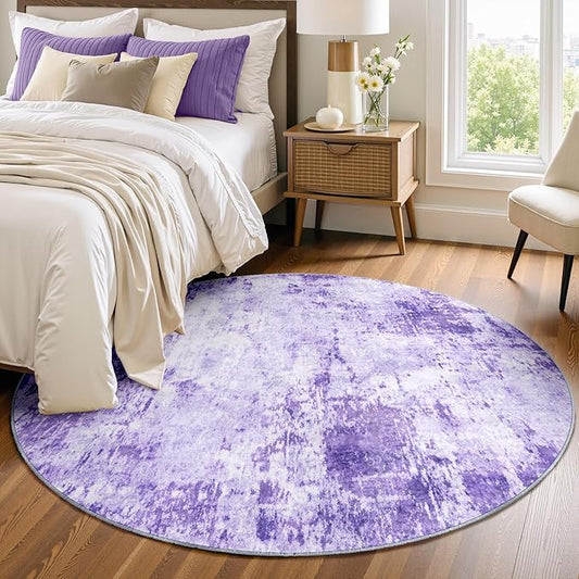 Washable Area Rugs 4ft Non-Slip Modern Abstract Soft for Living Room Entryway Bedroom Nursery, Print Pattern, Purple Gray Pink White