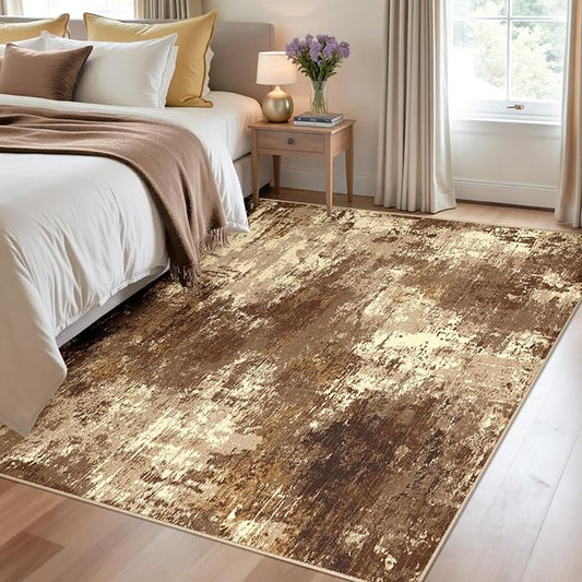 Washable Area Rugs 4'x6' Non-Slip Modern Abstract Soft for Living Room Entryway Bedroom Nursery, Print Pattern, Brown Tan Beige Coffee