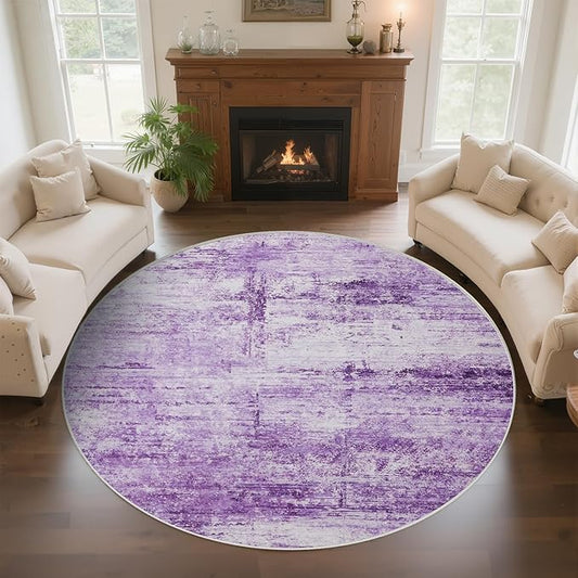 Round 6ft Abstract Rug, Modern Washable Indoor Circle Area Rugs for Living Room, Soft Large Circular Non-Slip Carpet Floor Mat for Bedroom Dining Room Home Office - Abstract Purple