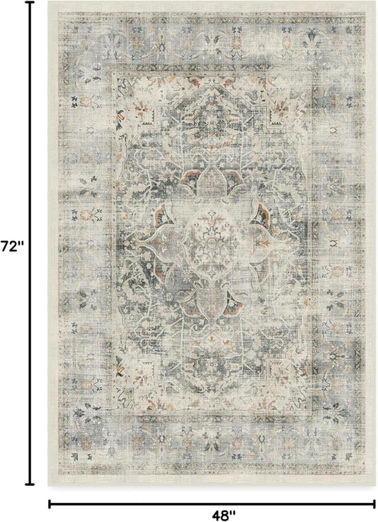 RUGGABLE Washable Vintage Area Rug – Sarrah Sage 4x6, Stain-Resistant, Non-Slip – Medium Machine Washable Rugs for Living Room, Bedroom, Hallway, Entryway & Office–with Cushioned Pad