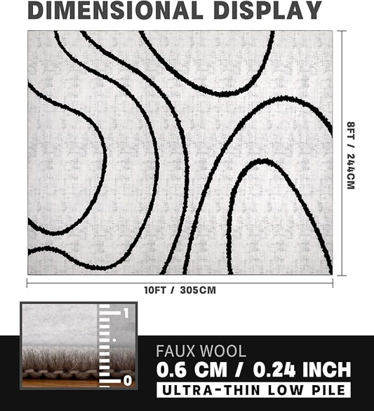 YIHOUSE Modern Area Rugs for Living Room, 8x10 Washable Black and White Rug, Thin Abstract Geometric Striped Rug, Area Rug for Bedroom,Kitchen,Dining Room,Office
