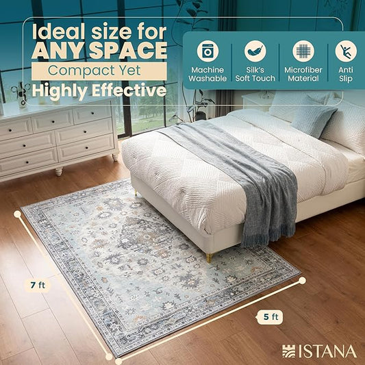 Istana 5x7 Area Rug - Blue Rugs for Living Room 5x7 - Foldable Rugs for Bedroom - Stain Resistant Washable Rug - Eco-Friendly Boho Area Rugs - Easy to Clean Living Room Rug
