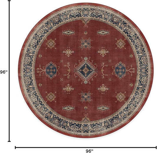 RUGGABLE Washable Vintage Area Rug – Verena Amber Red 8 ft Round, Stain-Resistant, Non-Slip – Large Machine Washable Rugs for Living Room, Bedroom, Hallway, Entryway & Office–with Cushioned Pad