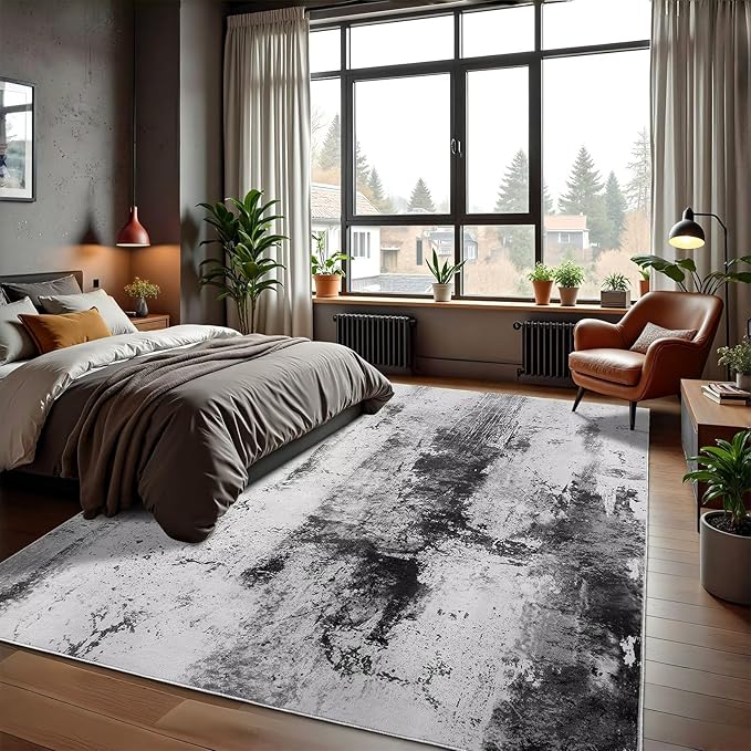 Washable Abstract Rug, 5x8 Modern Area Rugs with Non-Slip Rubber Backed for Living Room, Thin but Soft Contemporary Carpet Kitchen Bedroom Dining Room Decor, Black Grey