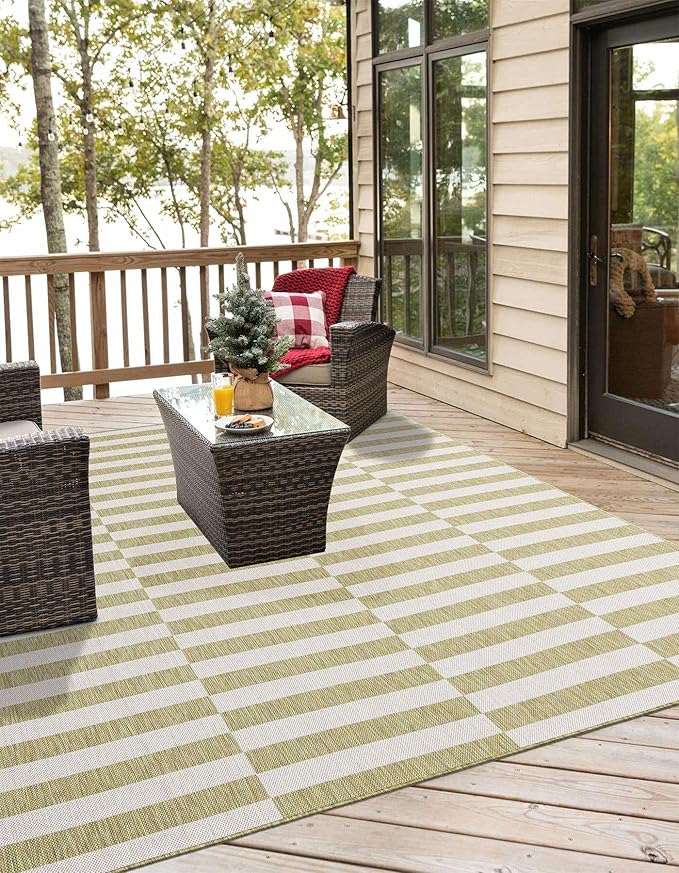 Unique Loom Outdoor Striped Collection Area Rug - Striped (12' Square Green/Ivory)