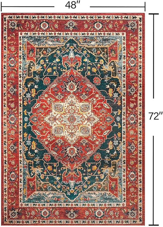 YJ.GWL Area Rugs for Living Room 4x6 Machine Washable Rugs for Bedroom, Non Slip Floral Vintage Rug Indoor Carpet, Stain Resistant Throw Rug for Dining Room Kitchen, Orange-Red
