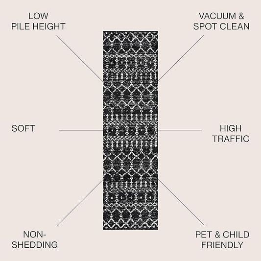 JONATHAN Y Boho Vintage Diamond Black/Ivory Runner Rug 2X14 ft, Moroccan Hype for Living Room, Bedroom, Kitchen, Office, Easy-Cleaning, High Traffic, Pet-Friendly, Non-Shedding (MOH101D-214)