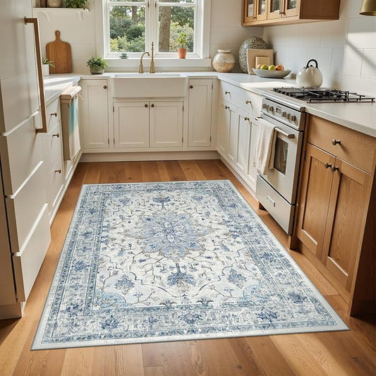 Area Rugs 4'x6' Washable Non-Slip, Floral Vintage Distress Print Pattern Medallion Carpet for Living Room Bedroom Dining Room, Light Blue Navy Beige Gray White