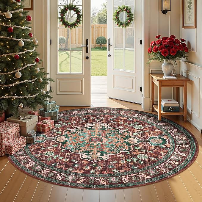 U'Artlines Boho Vintage Round Area Rug 6ft Machine Washable Low Pile Soft Floor Carpet Non Slip Non Shedding Accent Rug for Living Room Bedroom Entryway Dining Room Office Rust&Teal