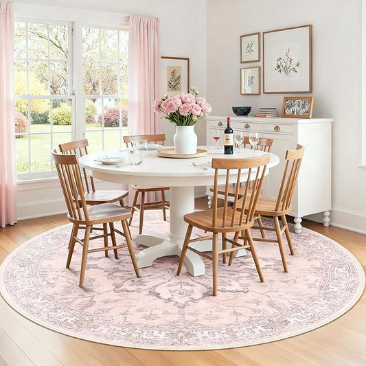 Area Rugs 8ft Washable Non-Slip, Floral Vintage Distress Print Pattern Medallion Carpet for Living Room Bedroom Dining Room, Pink Greypink Cute