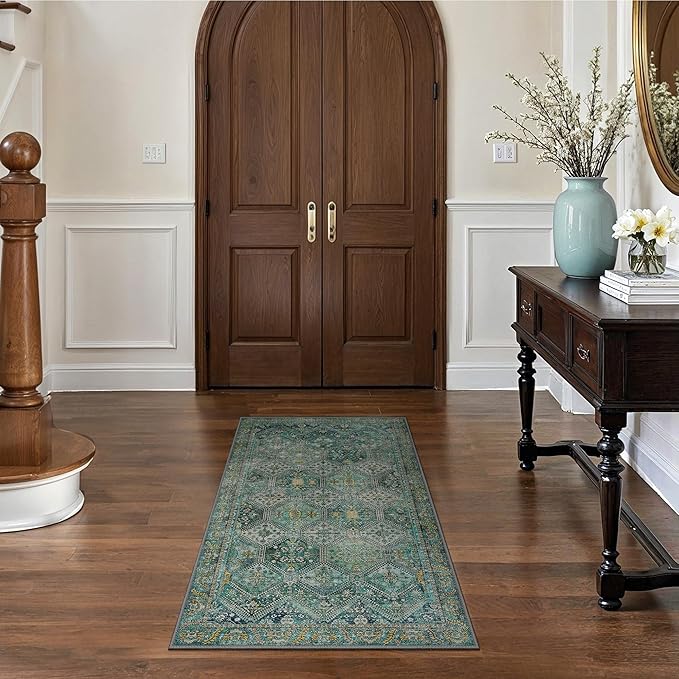 Bavni 3x5 Area Rugs for Living Room, Machine Washable Rug Non Slip, Vintage Chenille Distressed Print Carpet, Large Low Pile Ultra-Thin Lightweight Rugs for Bedroom, Dining Room, Home, Office, Cyan
