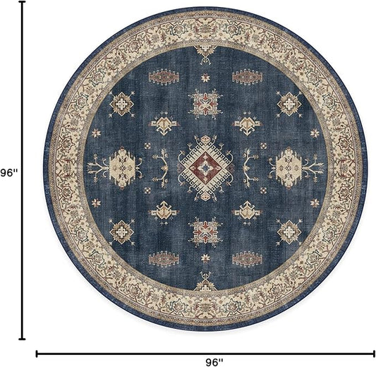RUGGABLE Washable Vintage Area Rug – Verena Sapphire 8 ft Round, Stain-Resistant, Non-Slip – Large Machine Washable Rugs for Living Room, Bedroom, Hallway, Entryway & Office–with Cushioned Pad