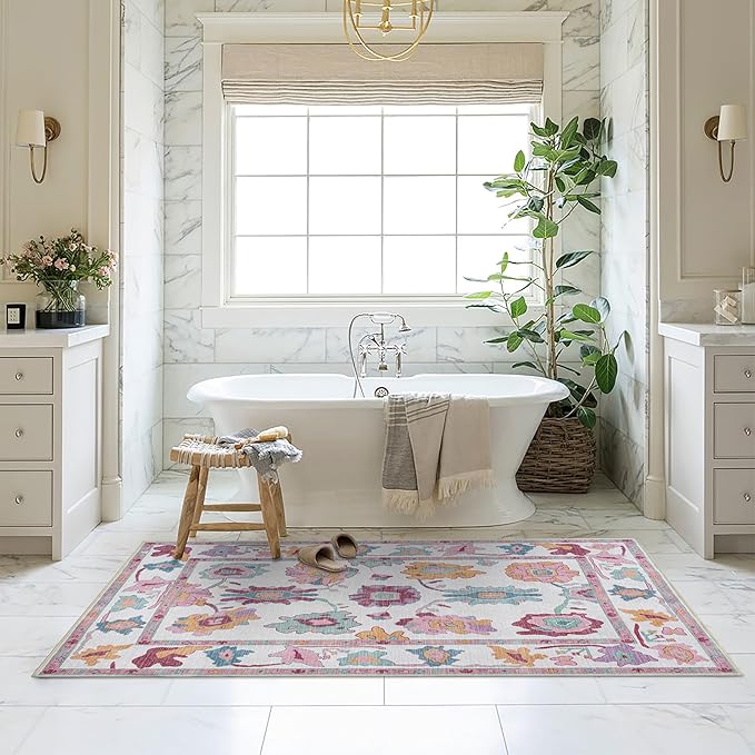 Fame Living Pink Oushak Rug, Modern, Vintage, Turkish, Eclectic, Floral, Pastel, Washable, Extra Large Area Rugs for Living Room, Dining, Bedroom, Lounge, 9'x12'