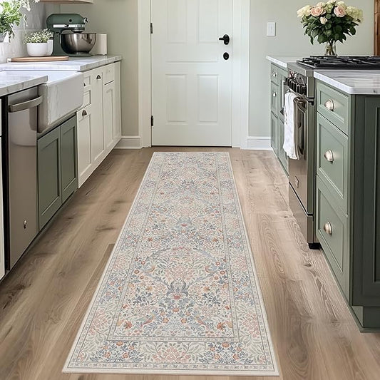 2x6 Floral Washable Area Rugs for Living Room, Vintage Boho Large Rug for Bedroom Dining Room, Distressed Botanical Birds Non Slip Low Pile Forest Animal Throw Carpet for Farmhouse Office, Beige Blue