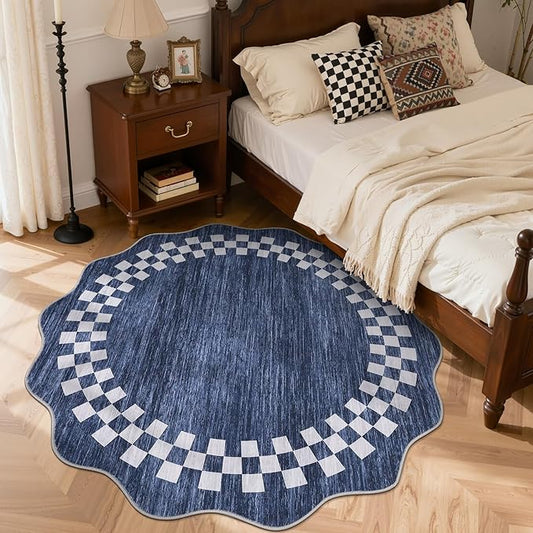 GarveeHome Scalloped Round Rug 4ft Modern Solid Color Circle Rugs Non Slip Low Pile Living Room Throw Carpat Washable Bedroom Scalloped Round Area Rug Stain Resistant Bordered Rug for Kitchen, Blue
