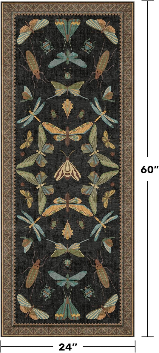 2x5 Black Washable Kitchen Runner Rugs Non Skid Washable - Gothic Runner Rug for Entryway, Kitchen, Insect Print Stain Resistant Indoor Décor