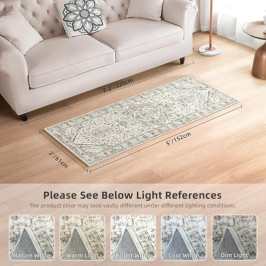 Runner Rug 2x5 Rug Boho Small Washable Area Rugs for Entryway Bathroom Kitchen, Hallway Runner Rugs Soft Low Pile Non-Slip Rubber Backing Oriental(Border Cream