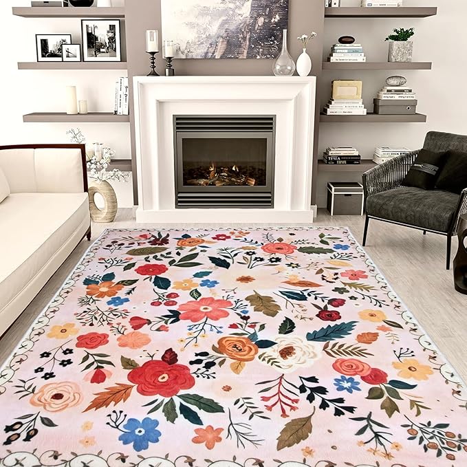 Floral Rug 4x6 Washable Low Pile Living Room Vintage Rug Soft Print Non-Slip Bedroom Carpet for Office Dining Room Home Decor(Pink)