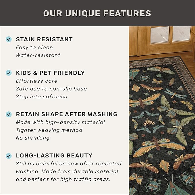 Large Black Rug for Living Room - Area Rugs 9x12 Dining Room Table, Large Bedroom Under Bed, Unique Insect Bug Home Décor, Foldable Soft Stain Resistant