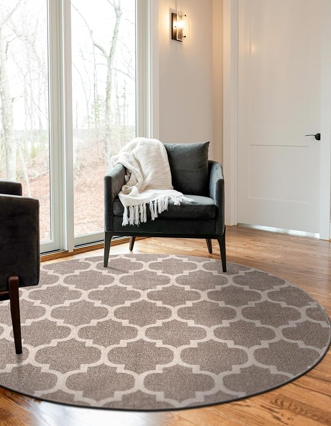 Rugs.com Lattice Collection Rug – 3 Ft Round Light Brown Medium-Pile Rug Perfect for Kitchens, Dining Rooms