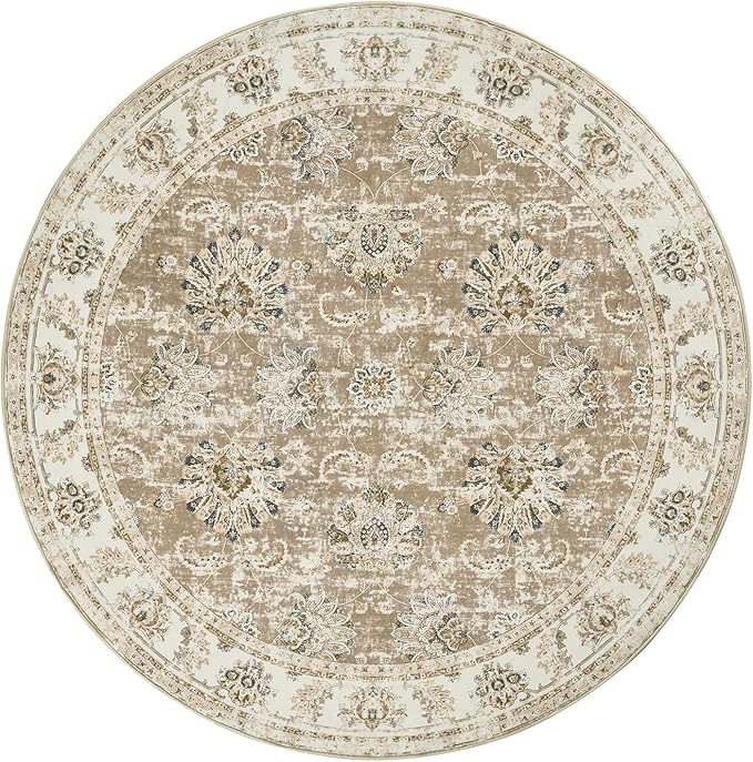 jinchan Fiora Round Rug 7ft Area Rug - Taupe Vintage Floor Mat Indoor Ultra-Thin Soft Floral Print - Washable Circle 7' Retro Accent for Farmhouse Non Slip Dining Room Living Room Bedroom Office
