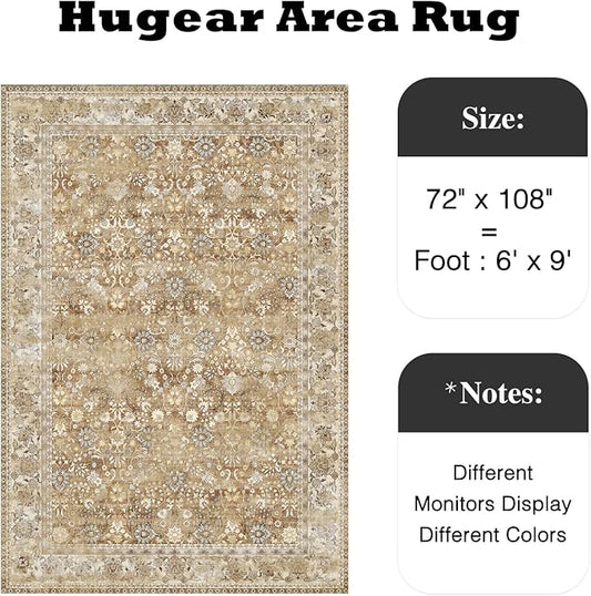HUGEAR 6x9 Machine Washable Rugs Brown Beige Hallway Large Area Rug Indoor Accent Rug Floral Low Pile Carpet Soft Throw Aesthetic Rug Bedroom Living Room Office Dining Room Kitchen Laundry Room