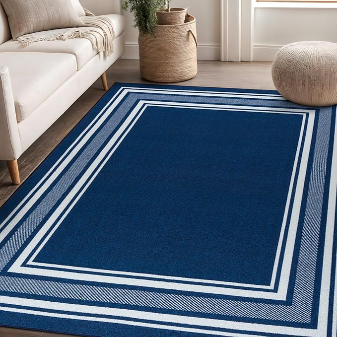Beverly Rug Non Slip Area Rugs 3x3 Modern Bordered Non Skid Rubber Backing Soft Area Rug for Living Dining Room Easy to Clean Non Shedding Kitchen Bedroom Indoor Carpet 3 x 3 Navy