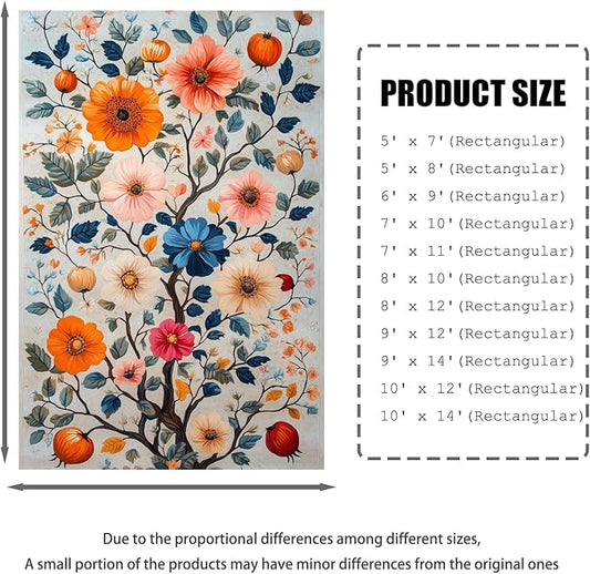 10x12 Colorful Flower Area Rugs, Floral Vintage Large Rugs, Floral Rugs, Botanical Rug, Washable Boho Botanical Non Slip Carpet for Living Room, Bedroom, Kids Room