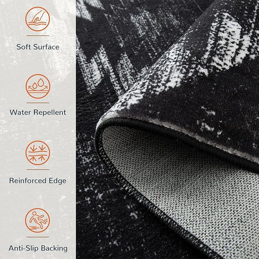 Area Rug 3x4 Rug Machine Washable Non-Slip Low Pile Print Pattern Western Rug for Living Room Bedroom Entryway Tribal Series-Black