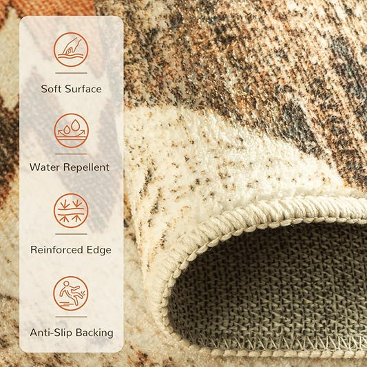 Area Rug 2x5 Rug Machine Washable Non-Slip Low Pile Print Pattern Western Rug for Living Room Bedroom Entryway Tribal Series-Cream/Camel