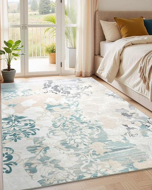Washable Abstract Rug, 6x9 Ivory and Aqua Floral Area Rugs with Non-Slip Rubber Backed for Living Room, Low Pile Modern Throw Carpet Bedroom Dining Room Decor