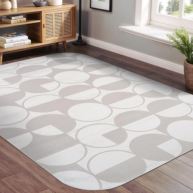Beverly Rug Modern Geometric Area Rug 8x10 Low-High Pile Durable Soft Abstract Circular Indoor Rugs for Living Dining Room Office Stain Resistant Non Shedding Casual Indoor Carpet Beige White 8 x 10