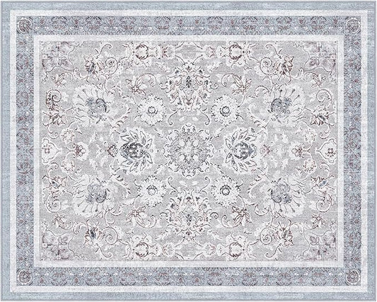 Phantoscope Washable Area Rug 8'x10' Non-Slip, Vintage Neutral Rugs for Living Room, Bedroom, Dining Room, Distressed Boho Floral Medallion Pattern, Low-Pile Foldable Floor Carpet, Light Grey/Neutral