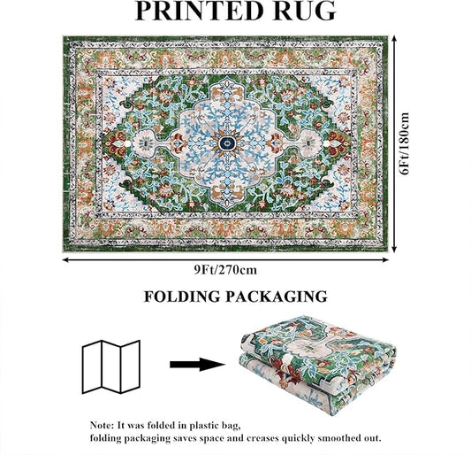 U'Artlines Boho Vintage Area Rug 6x9 Machine Washable Low Pile Soft Floor Carpet Non Slip Non Shedding Accent Rug for Living Room Bedroom Entryway Dining Room Office Green