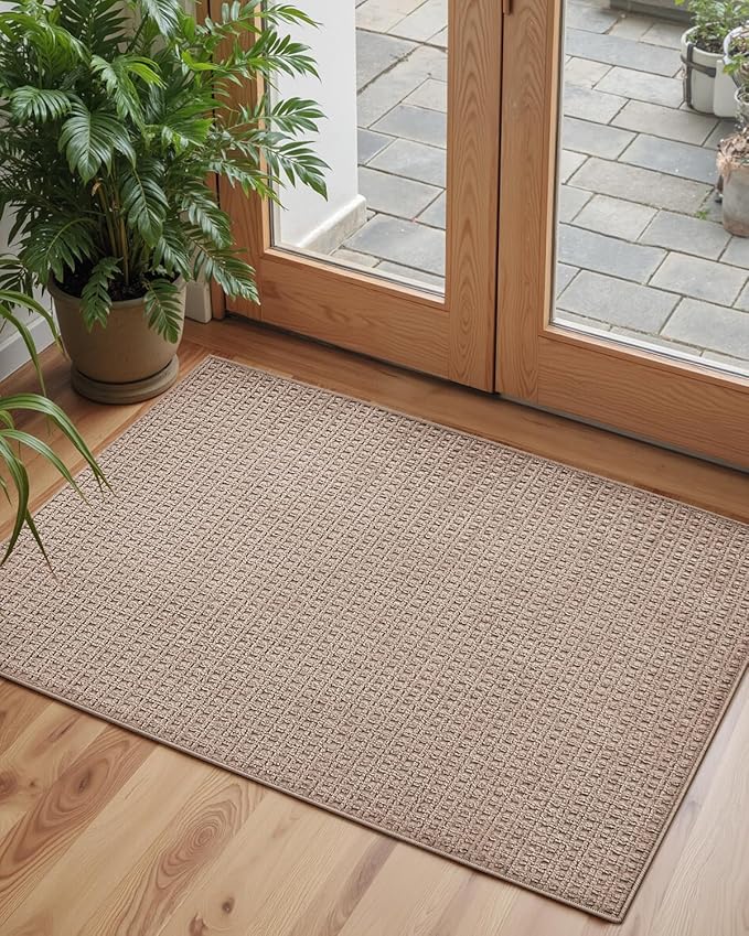 Color&Geometry Front Door Mat Indoor Non Slip Rubber Backing, 17"x30" Ultra Thin Entryway Doormat, Soft Absorbent Inside Doormat Washable Easy Clean Rugs for Entryway, Beige (Rolled-up NO Creases)