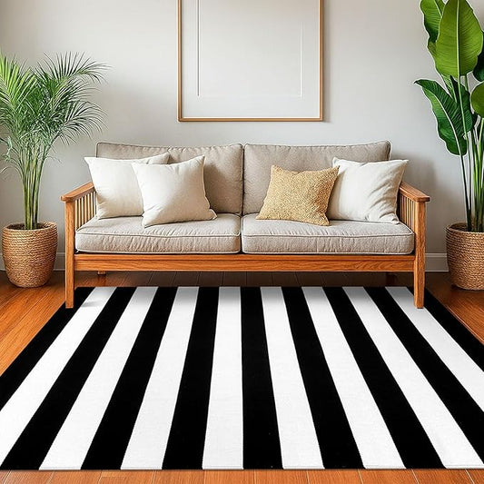 KOZYFLY Black and White Striped Area Rug 4x6 Ft Outdoor Rug Washable Indoor Outdoor Rug Hand Woven Cotton Door Mat Outdoor Entrance Mat for Front Door Kitchen Entryway Patio Front Porch Decor
