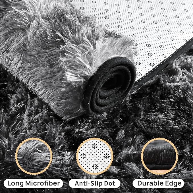 Tie-Dyed Black Grey Shaggy Rugs Fluffy Carpets, Indoor Modern Plush Area Rugs for Living Room, Upgrade Anti-Skid Area Rug, Rectangular 9x12 Feet Fuzzy Rug for Nursery Home Decor
