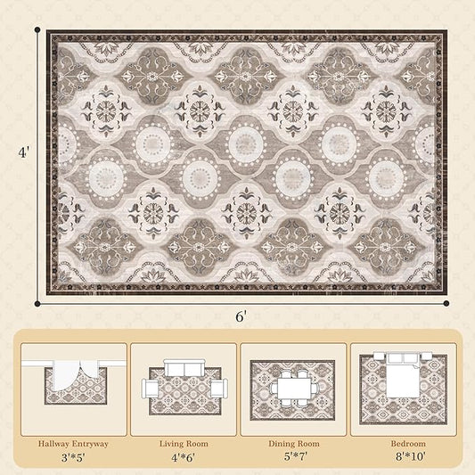 EnHomee Washable Area Rugs 4x6, Soft Area Rug for Living Room Bedroom, Boho Non Slip Low Pile Stain Resistant Washable Rug Large Carpet for Dining Room,Easy to Clean Living Room Rug, Khaki
