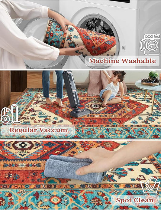 SERISSA Boho Washable Runner Rug, 2'6"x8' Rug Runner Non-Slip Vintage Orange Hallway Kitchen Runner Rug Ultra Soft Print Distressed Tribal Floor Carpet Runner for Bedroom Bathroom Laundry Room