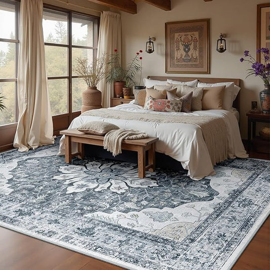 Area Rugs 10'x12' Washable Non-Slip, Floral Vintage Distress Print Pattern Medallion Carpet for Living Room Bedroom Dining Room, Light Gray Grey White