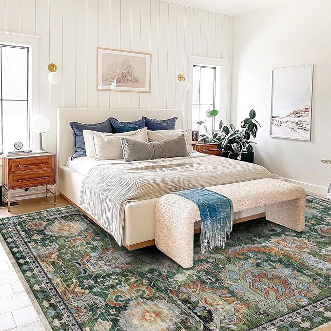 RUGSURE Washable Area Rugs - Perfect for Living Room, Bedroom, Kids Room, Nursery - Stain & Water Resistant Non-Slip, Pet & Child Friendly, Vintage Tribal Area Rugs (Green, 9' x 12')
