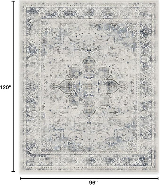 RUGGABLE Washable Vintage Area Rug – Sarrah Blue Quartz 8x10, Stain-Resistant, Non-Slip – Large Machine Washable Rugs for Living Room, Bedroom, Hallway, Entryway & Office–with Cushioned Pad