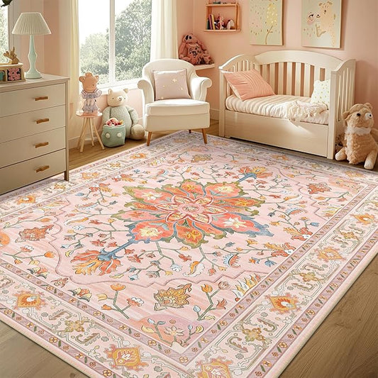 Area Rugs 6'x9' Washable Non-Slip, Floral Vintage Distress Print Pattern Medallion Carpet for Living Room Bedroom Dining Room, Light Pink Colorful