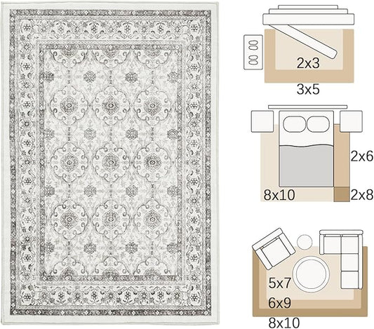 jinchan Floral 6x9 Area Rugs for Living Room - Machine Washable Vintage Distressed Boho Design Throw Rug Stain Resistant Carpet Low-Pile Thin Non-Slip for Bedroom Dining Room Nursery (6‘x9', Beige)