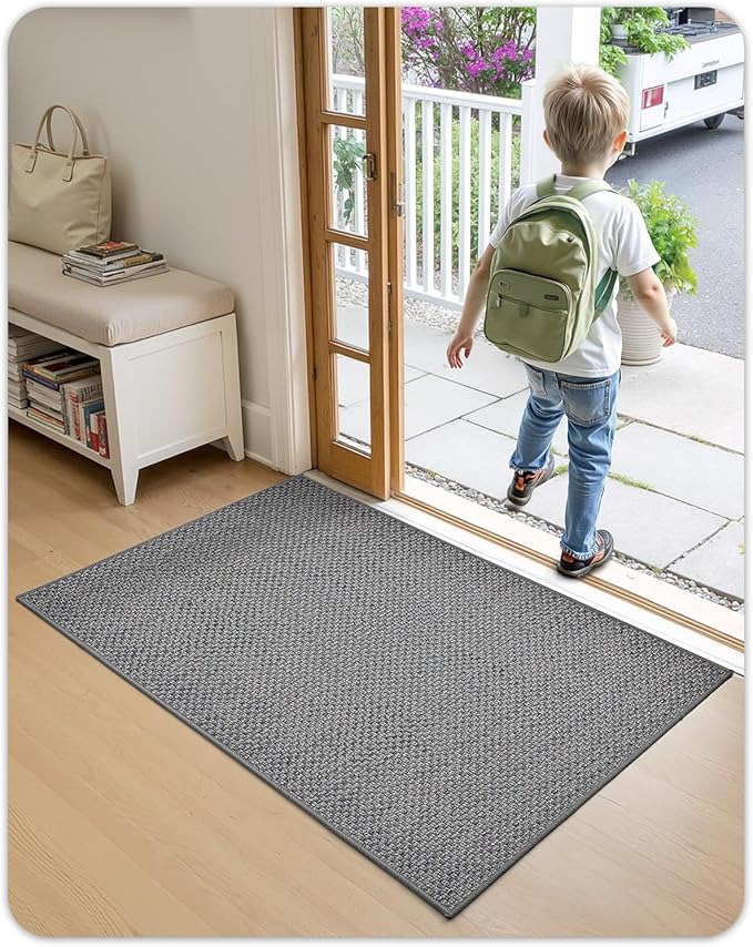 Color&Geometry Ultra-Thin Indoor Door Mat, 24"x36" Low-Profile Non-Slip Entryway Rug with Modern Geometric Texture, Washable Doormat for Indoor Entrance, Front Door, Light Grey (Rolled-up NO Creases)