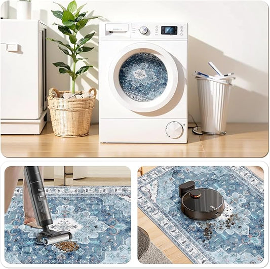 SERISSA Boho Rugs for Entryway, 2x3 Blue Entryway Rug Non-Slip Washable Small Area Rug, Ultra Soft Oriental Vintage Low-Pile Indoor Door Mat Floor Carpet for Entrance Bedroom Kitchen Bathroom