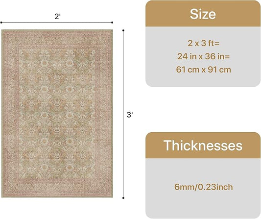 Bavni Small Throw 2x3 Vintage Floral Rug, Washable Non Slip Cute Area Rug for Entryway, Bedroom, Kitchen or Bathroom, Low Pile Carpet, Brown Pink