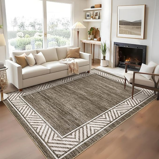 GarveeHome Modern Rugs for Living Room 8x10 Large Bordered Floor Mats with Non-Slip Backing, Stain-Resistant Bedroom Carpet, Foldable Geometric Indoor Rug for Dining Room, Kitchen, Brown