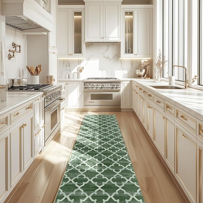 Area Rug 2x10, Moroccan Trellis Print Carpet, Machine Washable Non-Slip Rugs for Living Room, Bedroom, Dining Room & Entryway, Green