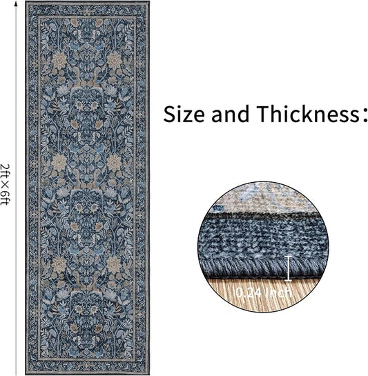 Washable Runner Rug 2x6: Vintage Boho Floral Carpet Runners for Hallway Entryway Non-Slip - Soft Botanical Low Pile Thin Mat for Kitchen Bathroom Bedroom Laundry Floor Decor - Slate Blue